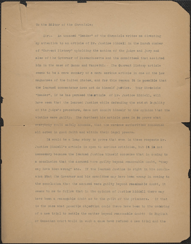 B. Russell typed letter (copy) to Editor, Chronicle, [1920-1927]