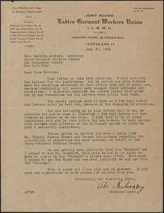 Abe Katofsky (Ladies' Garment Workers Union) typed letter signed to Matilda Robbins (Sacco-Vanzetti Defense League), Cleveland, Ohio, June 30, 1924