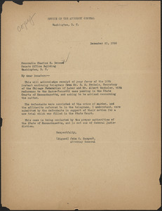 John G. Sargent (Office of the Attorney General) typed letter (copy) to Charles S. Deneen, Washington, D. C., December 23, 1926