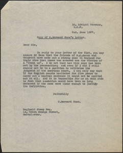 G. Bernard Shaw typed letter (copy) to Reginald Stamp, [London, Eng.], June 2, 1927