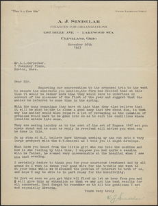 A. J. Sindelar typed letter signed to A. L. Carpenter, Cleveland, Ohio, November 26, 1923