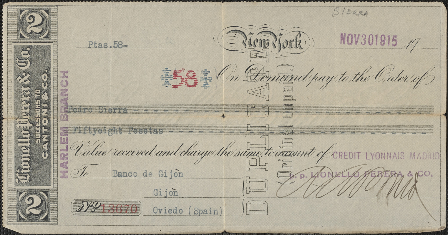 Pedro Sierra bank note, New York, N. Y., November 30, 1915