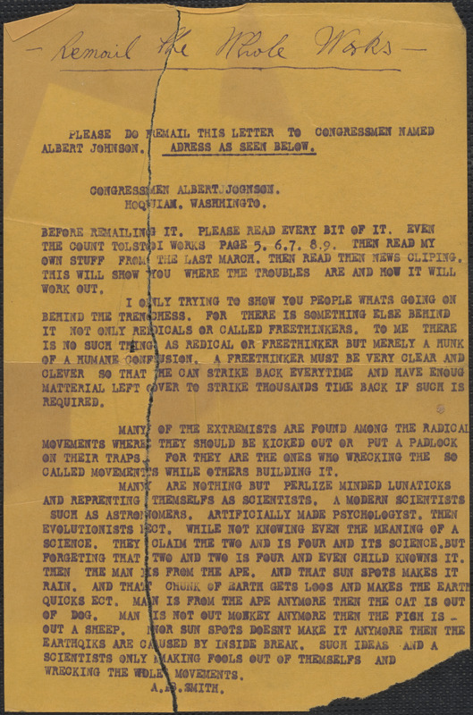 A. B. Smith typed letter to [Sacco-Vanzetti Defense Committee?, 1921-1927]