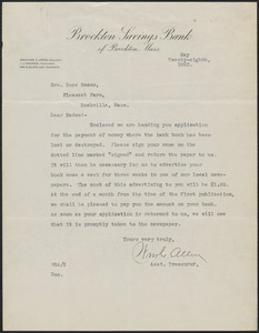 William G. Allen (Brockton Savings Bank) typed letter signed to Rose Sacco, Brockton, Mass., May 28, 1923