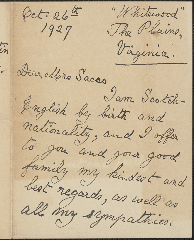 [James] B. Tweedale autograph letter signed to [Rose] Sacco, The Plains, Va., October 26, 1927