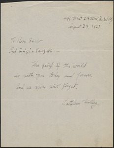 Kathleen Millay autograph note signed to Rose Sacco and Luigia Vanzetti, New York, N. Y., August 23, 1927