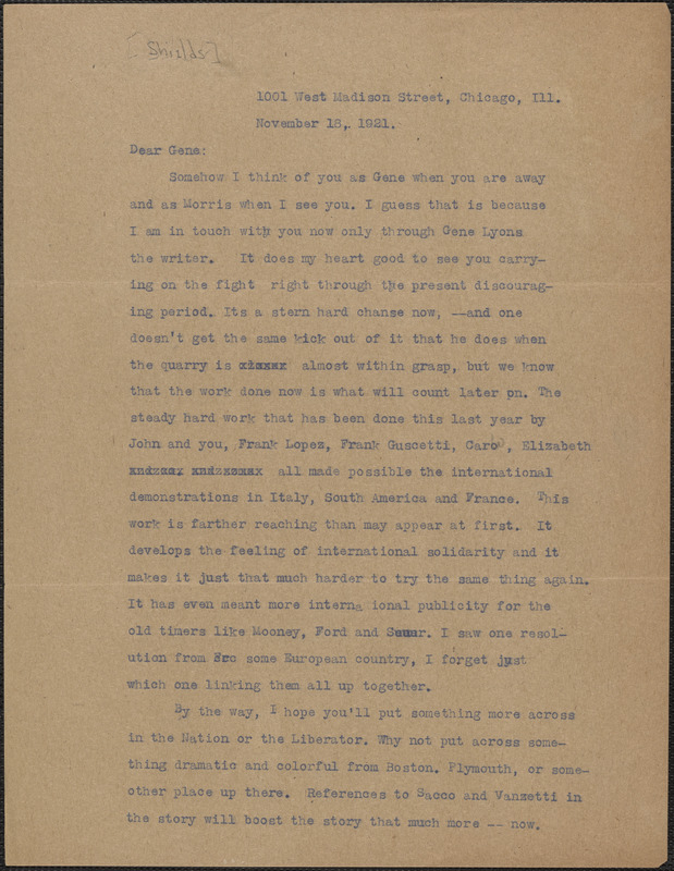 Art [Shields] typed letter signed (copy) to Gene - [Eugene Lyons], Chicago, Ill., November 18, 1921