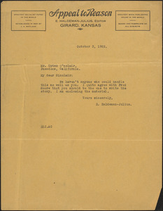 E. Haldeman-Julius (Appeal to Reason) typed note signed to Upton Sinclair, Girard, Kan., October 3, 1922
