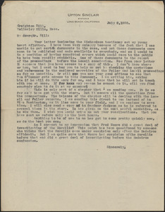 Upton Sinclair typed letter (copy) to Creighton [J.] Hill, Long Beach, Calif., July 2, 1928