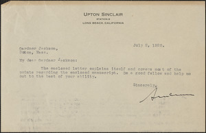 Upton Sinclair autograph note signed to Gardner Jackson, Long Beach, Calif., July 2, 1928