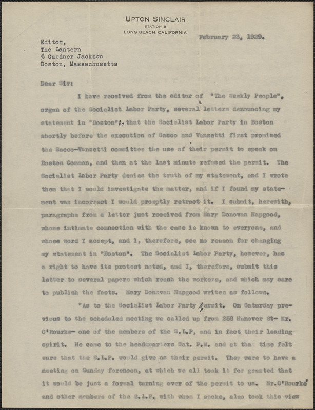 Upton Sinclair typed letter signed to Editor, The Lantern, Long Beach, Calif., February 23, 1929