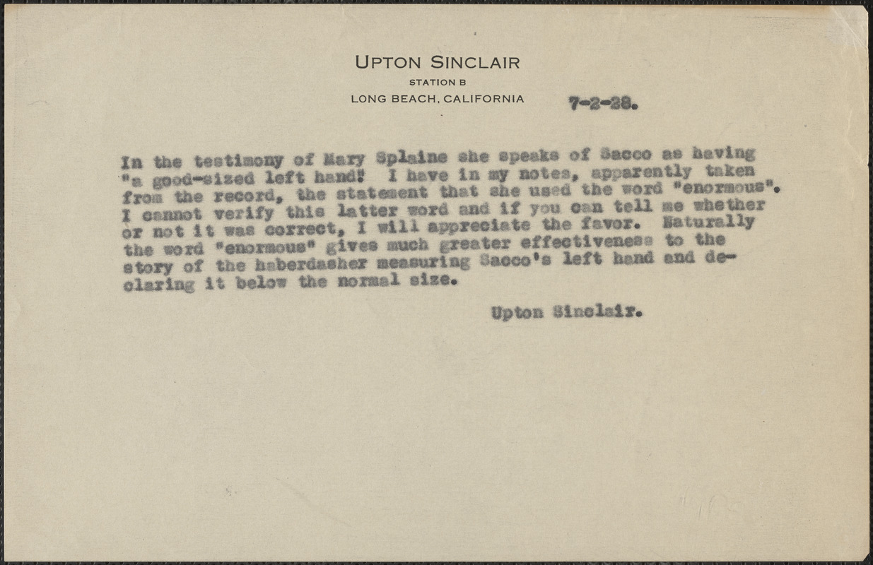 Upton Sinclair typed note (copy), Long Beach, Calif., February 7, 1928