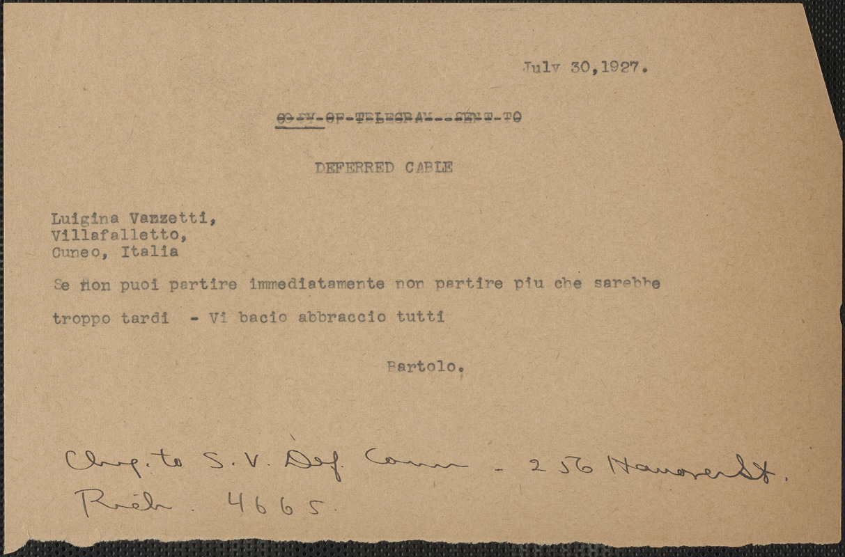 Bartolomeo Vanzetti telegram (copy), in Italian, to Luigina Vanzetti, [Boston, Mass.], July 30, 1927