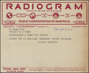 Luigia Vanzetti telegram, in Italian, to Sacco-Vanzetti Defense Committee, Torino, Italy?, August 2, 1927