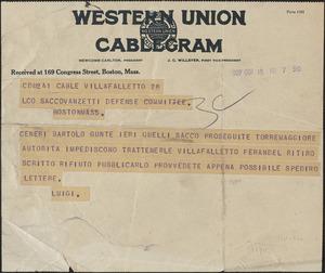 Luigi[a] Vanzetti telegram, in Italian, to Sacco-Vanzetti Defense Committee, Villafalletto, Italy, October 15, 1927