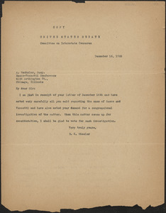 B. K. Wheeler (Committee on Interstate Commerce, United States Senate) typed note to A. Wechsler (Sacco-Vanzetti Conference, Chicago), [Washington, D. C.], December 16, 1926