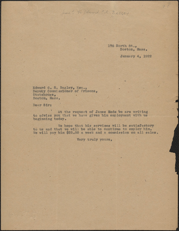 Typed letter (copy) to Edward C. R. Bagley (Deputy Commissioner of Prisons), Boston, Mass., January 4, 1922