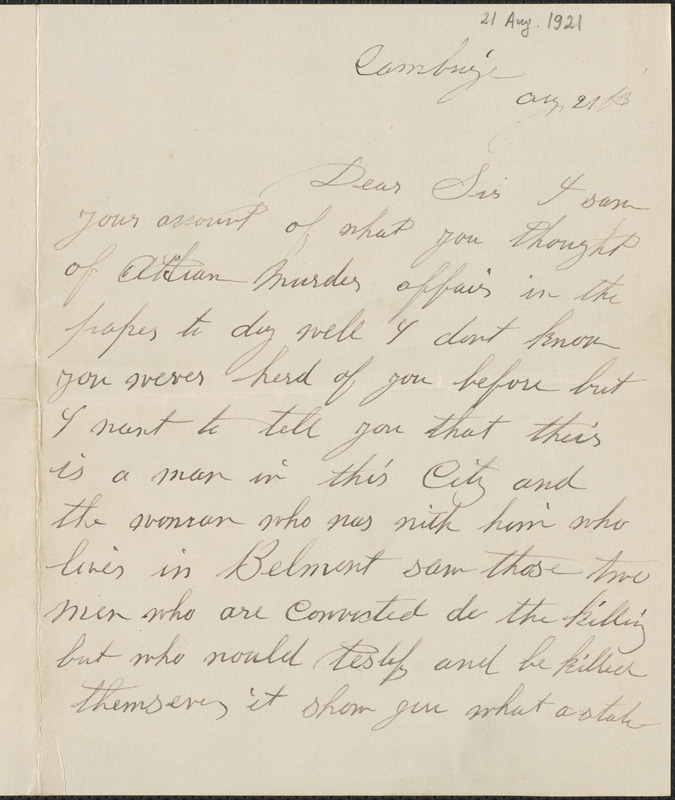 Autograph letter to J. A. Harley, Cambridge, Mass., August 21, 1921