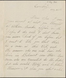 Autograph letter to J. A. Harley, Cambridge, Mass., August 21, 1921