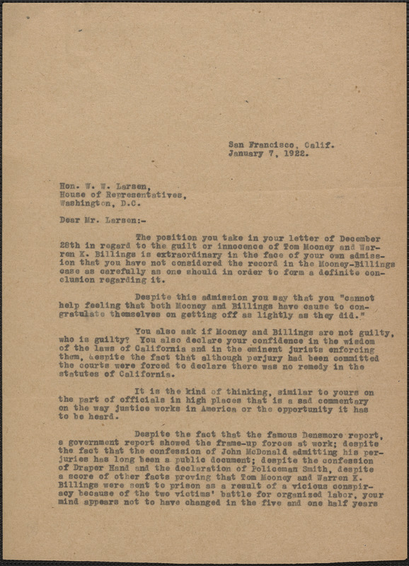 Typed letter (copy) to Hon. W. W. Larsen (House of Representatives), San Francisco, Calif., January 7, 1922