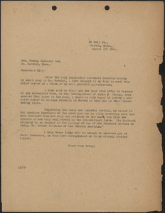 Typed letter (copy) to Hon. Thomas Zanslaur Lee, Boston, Mass., August 17, 1921