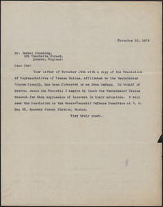 Typed note (copy) to Israel Rosenberg, November 30, 1926