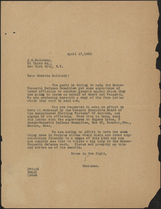 Typed letter to J. B. Salutsky, April 17, 1922