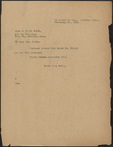 Typed note to L. Marie Smith, Allston, Mass., February 24, 1921