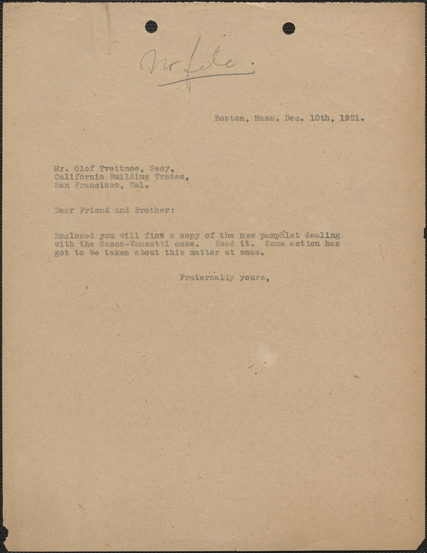 Typed note to Olof Tveitmoe (California Building Trades), Boston, Mass., December 10, 1921