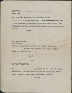 Typed note (copy) to Editor, the Boston American, etc., [1927?]