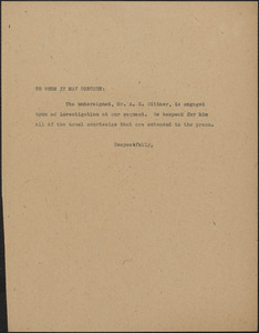 Typed note to whom it may concern, [1920-1927]