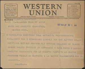 Ballelli telegram, in Italian, to Sacco-Vanzetti Defense Committee, Scranton, Pa., August 27, 1927