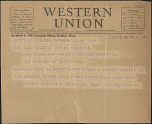 Vistre Candita and Regina Del Duca telegram, in Italian, to Rosa [Rose] Sacco and Luigia Vanzetti, Yonkers, N. Y., August 26, 1927
