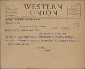 A. Dizzol telegram, in Italian, to Sacco-Vanzetti Defense Committee, Barre, Vt., August 25, 1927