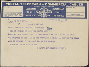 A. Gurian telegram to Sacco-Vanzetti Defense Committee, Toronto, Ontario, August 23, 1927