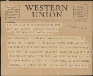 Eduardo Molisani (Italian Cloak Makers' Union Local 48) telegram to Sacco and Vanzetti Defense Committee, New York, N. Y., August 25, 1927