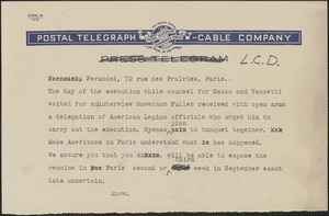 [Joseph] Moro telegram (copy) to Ferandel, [Boston, Mass., August 25, 1927?]