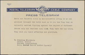 [Joseph? Moro] telegram (copy) to [Georg] Branting, [Boston, Mass.?, August 23, 1927?]