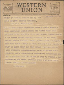 A. Obregon telegram, in Spanish, to Sacco-Vanzetti Defense Committee, Tampico, Mexico, August 25, 1927