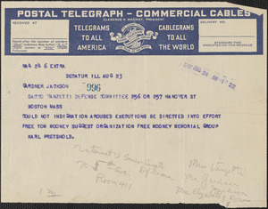 Karl Pretshold telegram to Gardner Jackson, Decatur, Ill., August 23, 1927