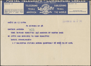 Samuel Schmalhausen and V. F. Calverton (Modern Quarterly) telegram to Gardner Jackson, New York, N. Y., August 24, 1927