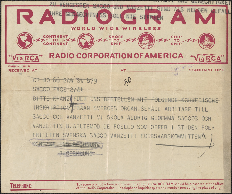 Svenska Sacco-Vanzetti Föersvarskommitten telegram, in Swedish, to [Sacco-Vanzetti Defense Committee?], Stockholm, Sweden, August 24, 1927