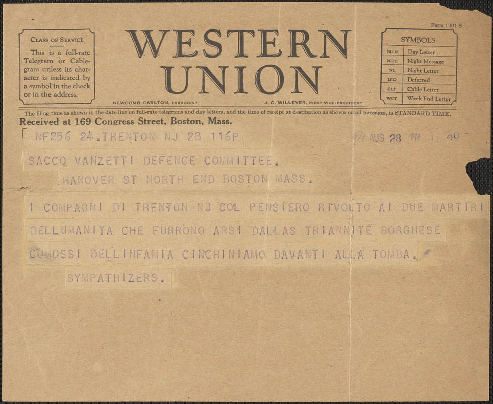 Sympathizers telegram, in Italian, to Sacco-Vanzetti Defense Committee, Trenton, N. J., August 28, 1927