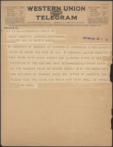 [William] Ward telegram to Sacco-Vanzetti Defense Committee, Los Angeles, Calif., August 23, 1927