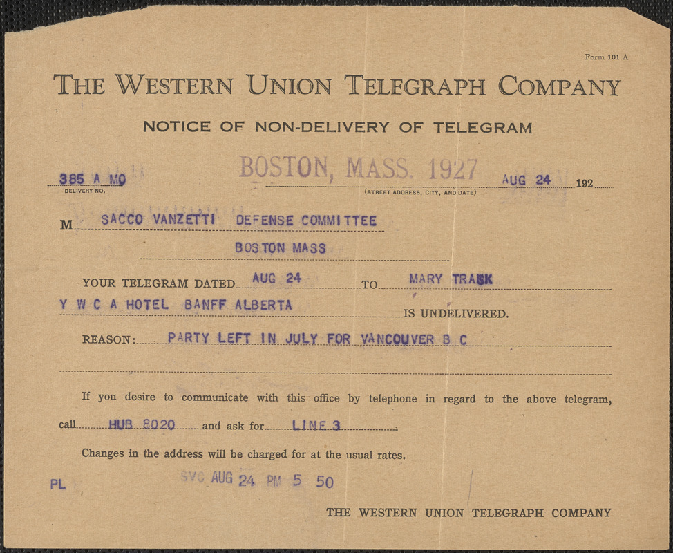 Western Union Telegraph Company printed form to Sacco-Vanzetti Defense Committee, Boston, Mass., August 24, 1927