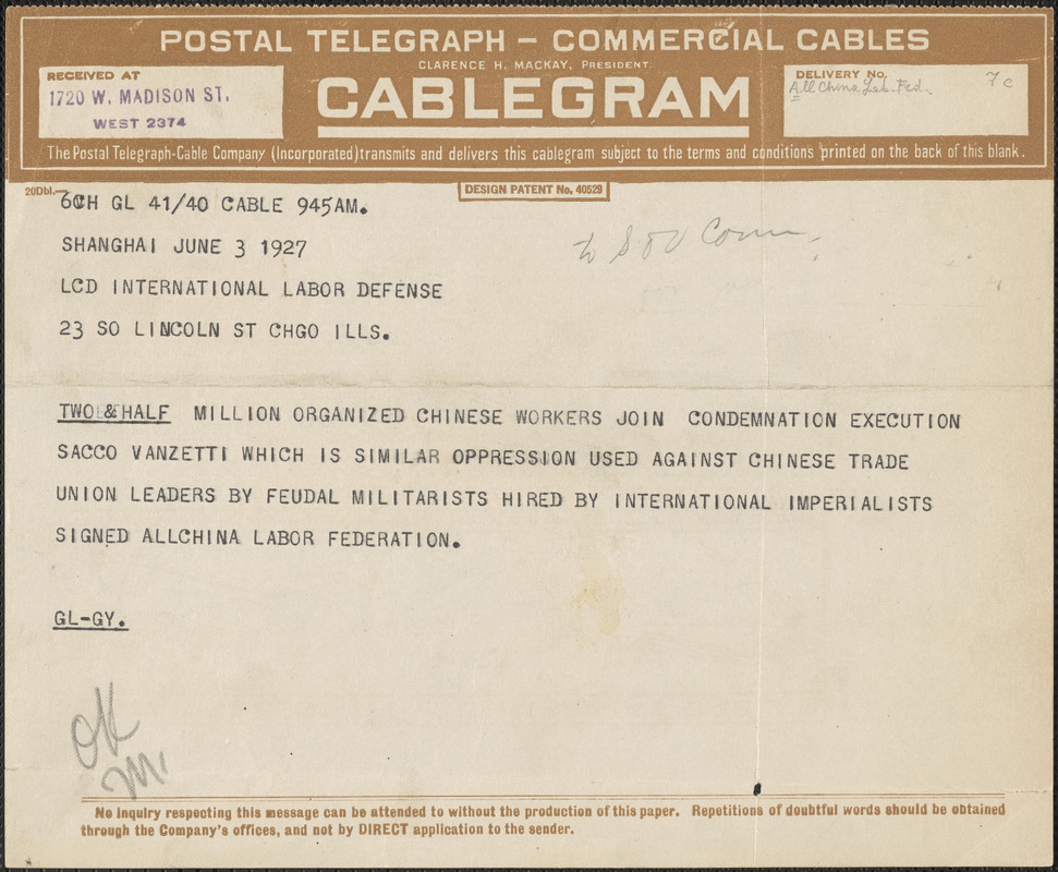 All China Labor Federation telegram to International Labor Defense, Shanghai, China, June 3, 1927