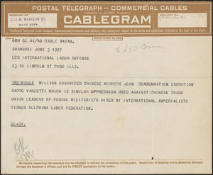 All China Labor Federation telegram to International Labor Defense, Shanghai, China, June 3, 1927