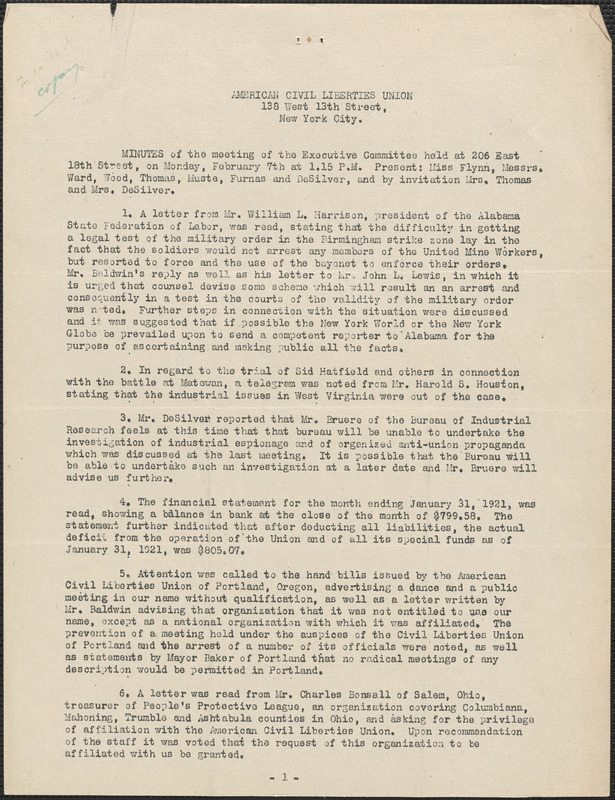 American Civil Liberties Union typed minutes, New York, N. Y., February 7, [1921]