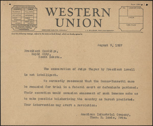 Theo. H. Lunde (American Industrial Company) telegram (copy) to [Calvin] Coolidge, [Chicago, Ill.], August 9, 1927