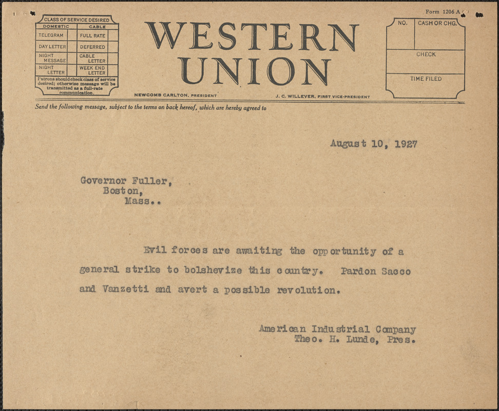 Theo. H. Lunde (American Industrial Company) telegram (copy) to [Alvan T.] Fuller, (Chicago, Ill.), August 10, 1927